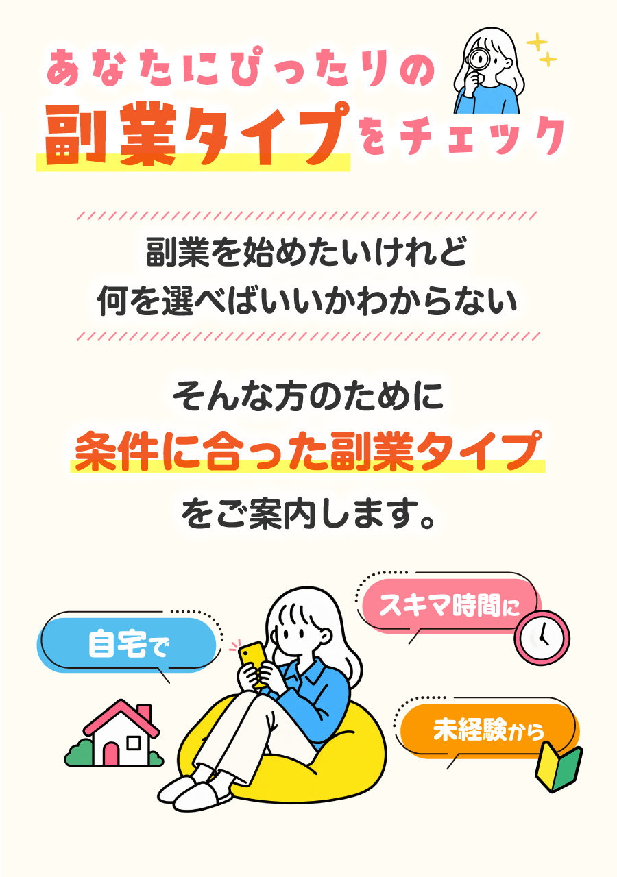 あなたにぴったりの副業タイプをチェック 副業を始めたいけれど何を選べばいいかわからない そんな方のために条件に合った副業タイプをご案内します。
