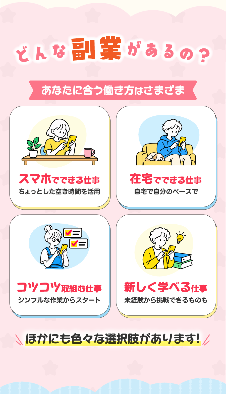 どんな副業があるの？ あなたに合う働き方はさまざま スマホでできる仕事 在宅でできる仕事 コツコツ取り組む仕事 新しく学べる仕事 ほかにも色々な選択肢があります！